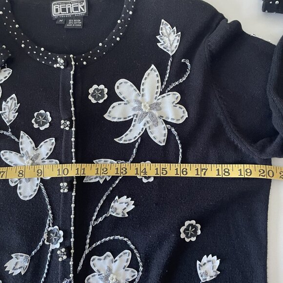 VTG Berek Sweater Cardigan Floral Bling Applique Pearls Black White 50's Medium - Picture 6 of 11